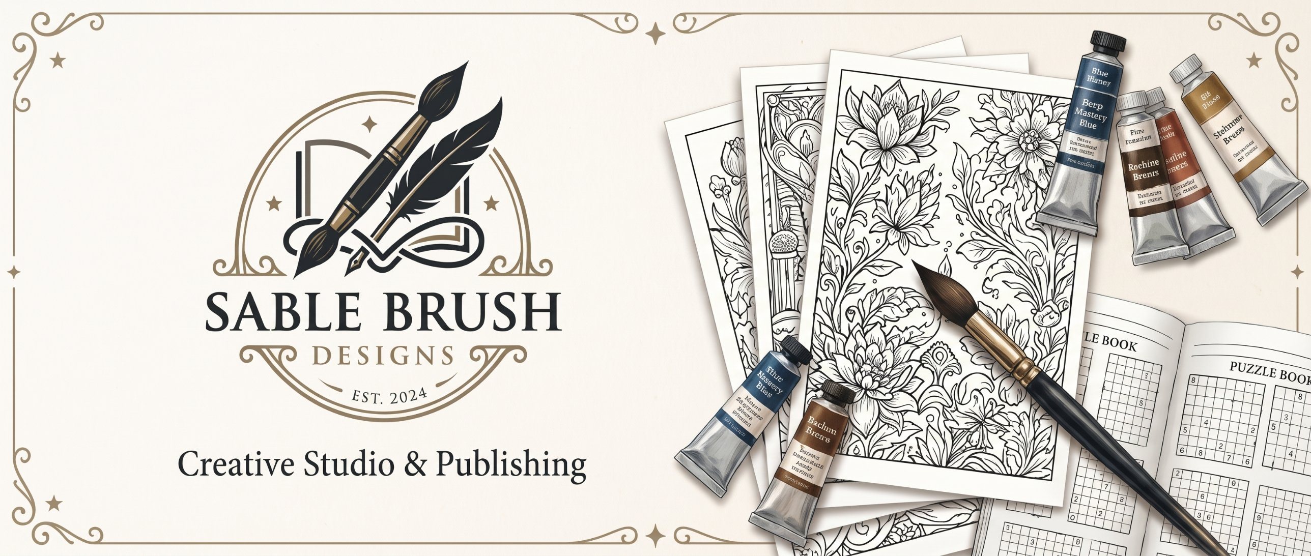 Sable Brush Designs — Creative Studio & Publishing. Coloring pages, puzzle books, a sable brush and tubes of paint.